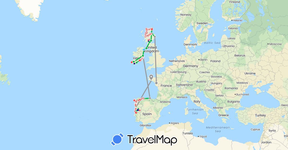 TravelMap itinerary: driving, bus, plane, hiking, boat in Spain, France, United Kingdom, Ireland, Portugal (Europe)